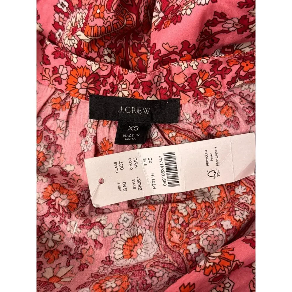 New J Crew Top XS Womens Puff Sleeve Paisley Cotton Pink Floral Blouse